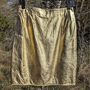 Vintage Leather Metallic Gold Pencil Skirt Sz 8/27 W Vakko Designer 80s Lame
